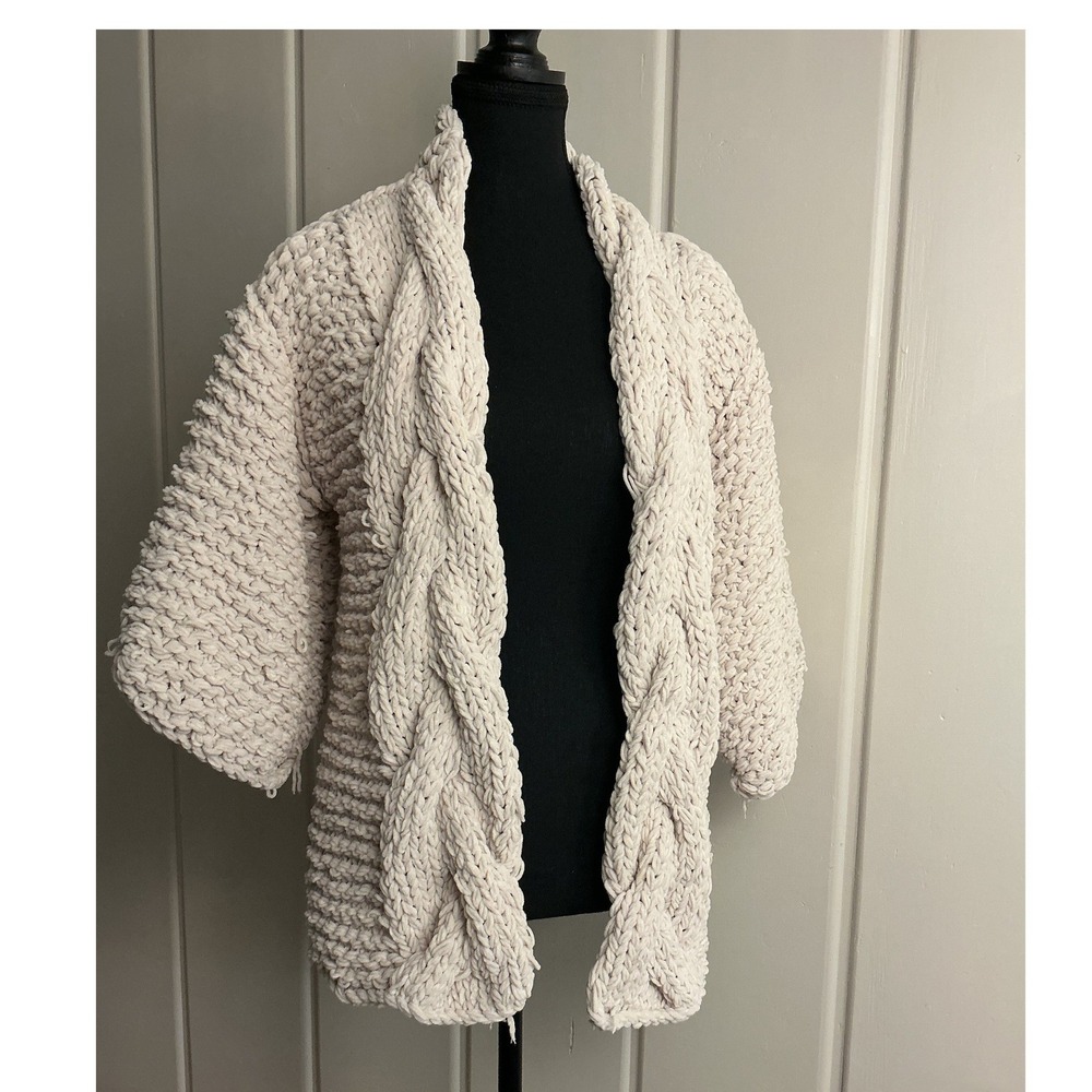 ROLES Chunky Cable Knit Cardigan Cream Open Front Kimono Sleeve Sweater Boho